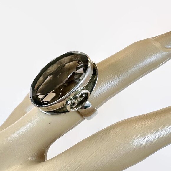 Smoky Quartz Ring, Sterling Silver, 30s, 40s, Statement, Smokey, Big, Size 6 - Picture 1 of 6